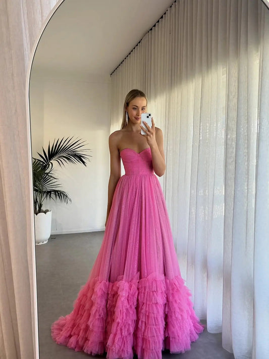 Hot Pink Strapless Tulle Ball Gown – Ruffle Hem & Glitter Fabric | FD6110-prom dresses 2025 -Viniodress-Hot Pink-Custom Size-