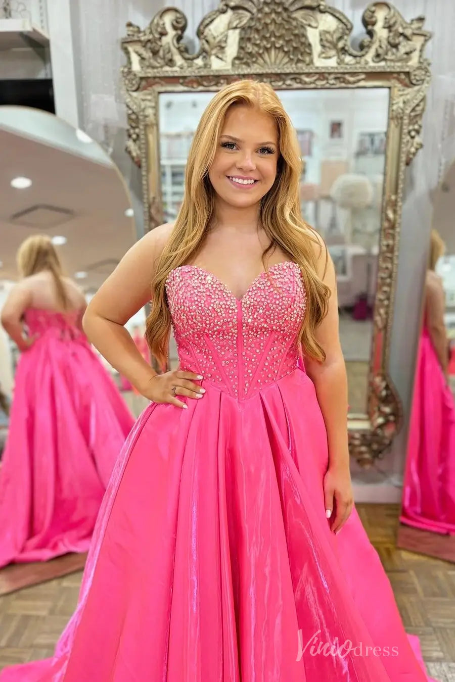 Hot Pink Sweetheart Ball Gown with Beaded Bodice, Off-Shoulder Puff Sleeves and Shimmer Satin Skirt – AS001-prom dresses 2025 -Viniodress-Hot Pink-Custom Size-