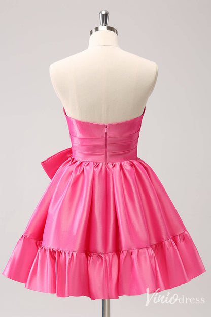 Hot Pink Sweetheart Bow Homecoming Dresses Satin Strapless Back to School Dress S24019-prom dresses 2025 -Viniodress-Hot Pink-Custom Size-