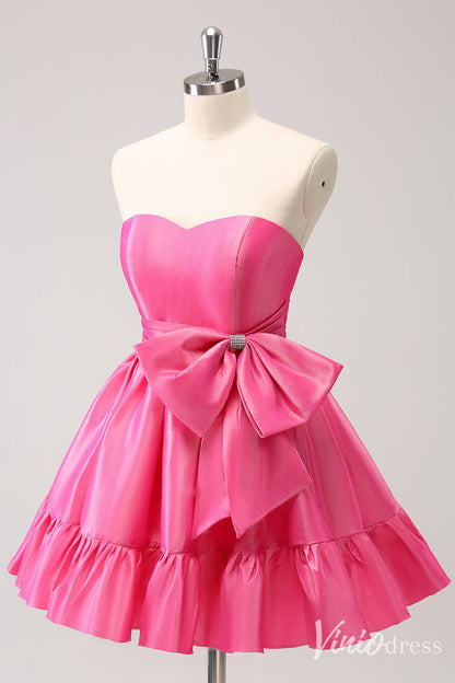 Hot Pink Sweetheart Bow Homecoming Dresses Satin Strapless Back to School Dress S24019-prom dresses 2025 -Viniodress-Hot Pink-Custom Size-