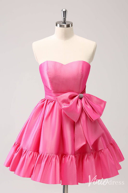 Hot Pink Sweetheart Bow Homecoming Dresses Satin Strapless Back to School Dress S24019-prom dresses 2025 -Viniodress-Hot Pink-Custom Size-