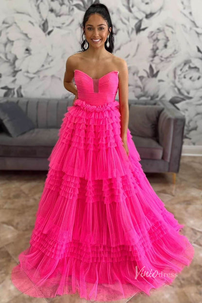 Hot Pink Tiered Ruffled Prom Dresses Strapless Tulle Pleated Bodice FD4016-prom dresses 2025 -Viniodress-Hot Pink-Custom Size-