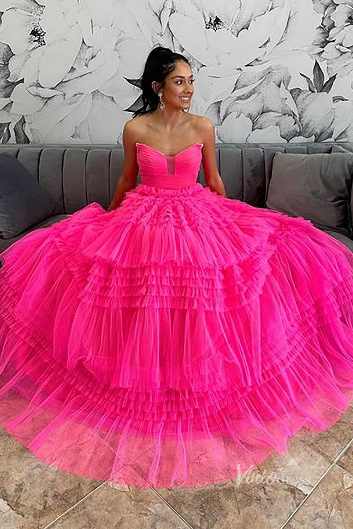 Hot Pink Tiered Ruffled Prom Dresses Strapless Tulle Pleated Bodice FD Viniodress Hot Pink Tiered Ruffled Prom Dresses Strapless Tulle Pleated Bodice FD Viniodress