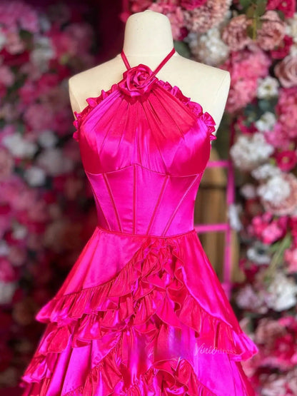 Hot Pink Tiered Satin Prom Dresses Halter Neck 3D Flower Formal Dresses - FD3704-prom dresses 2025 -Viniodress-Pink-Custom Size-