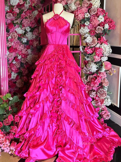 Hot Pink Tiered Satin Prom Dresses Halter Neck 3D Flower Formal Dresses - FD3704-prom dresses 2025 -Viniodress-Pink-Custom Size-