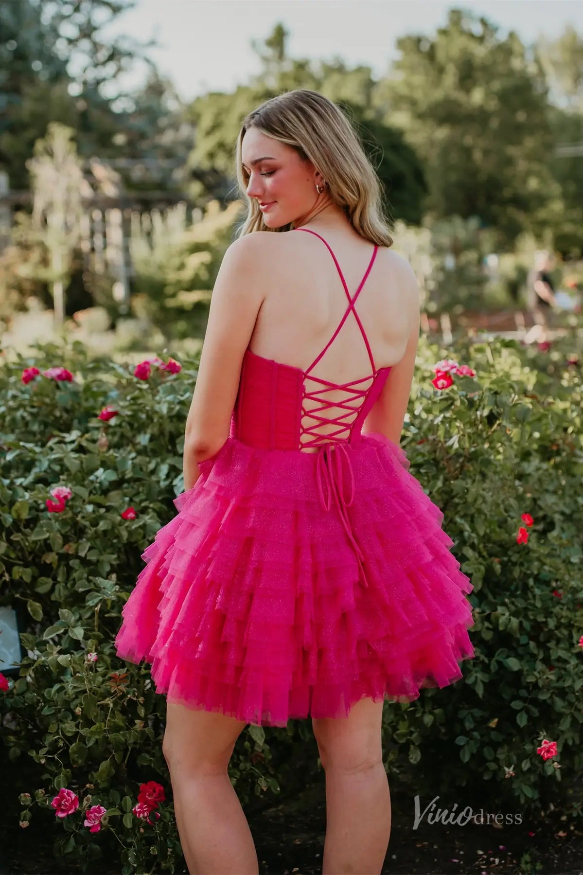 Hot Pink Tiered Tulle Homecoming Dress with Corset Bodice and Crisscross Lace-Up Back – H1102-Homecoming Dresses 2025 -Viniodress-Hot Pink-Custom Size-