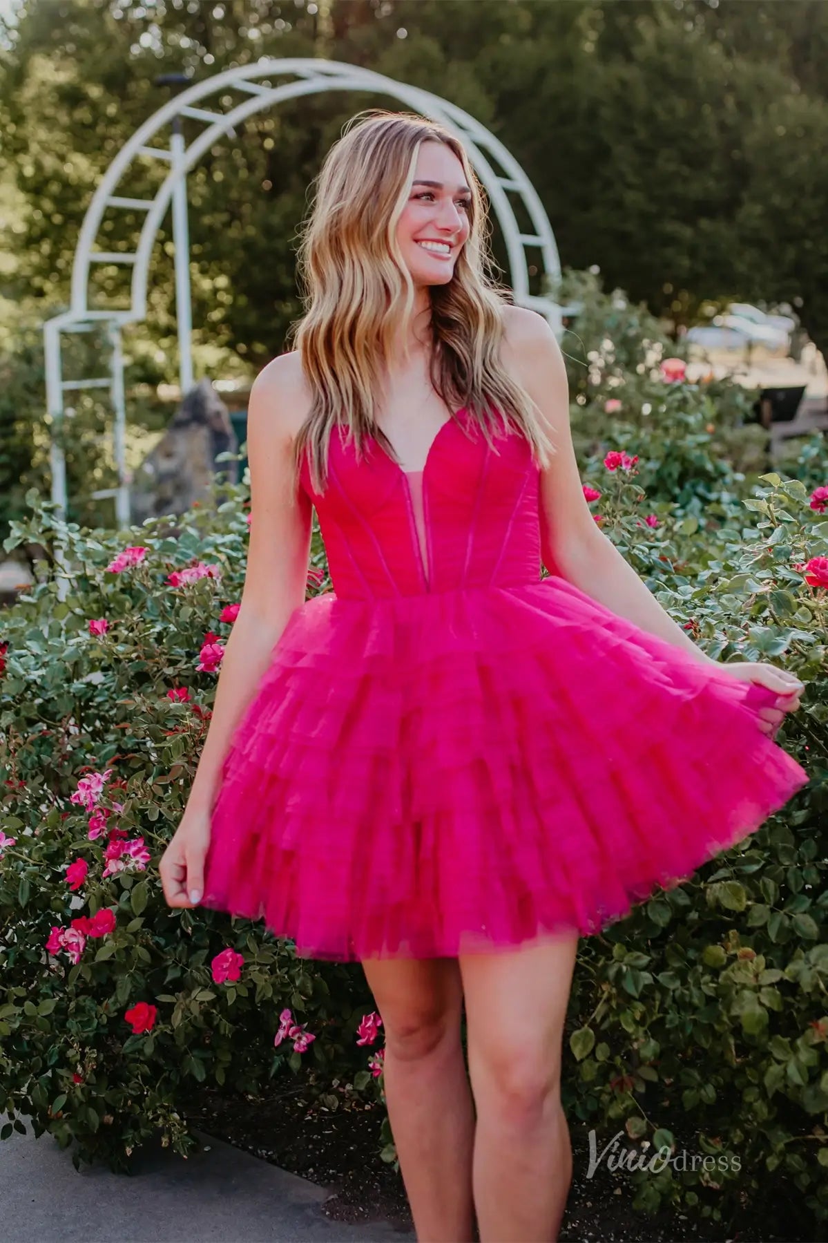 Hot Pink Tiered Tulle Homecoming Dress with Corset Bodice and Crisscross Lace-Up Back – H1102-Homecoming Dresses 2025 -Viniodress-Hot Pink-Custom Size-