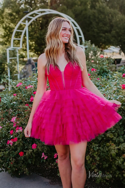 Hot Pink Tiered Tulle Homecoming Dress with Corset Bodice and Crisscross Lace-Up Back – H1102-Homecoming Dresses 2025 -Viniodress-Hot Pink-Custom Size-