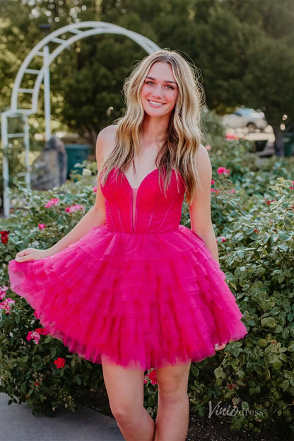 Hot Pink Tiered Tulle Homecoming Dress with Corset Bodice and Crisscross Lace-Up Back – H1102-Homecoming Dresses 2025 -Viniodress-Hot Pink-Custom Size-