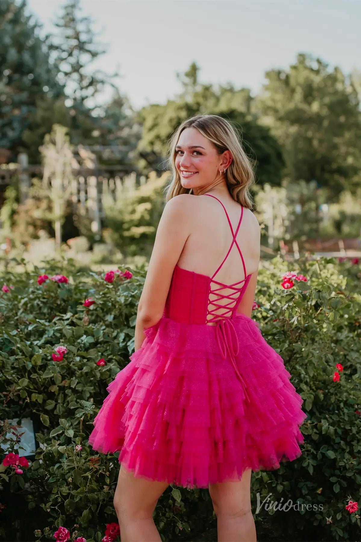 Hot Pink Tiered Tulle Homecoming Dress with Corset Bodice and Crisscross Lace-Up Back – H1102-Homecoming Dresses 2025 -Viniodress-Hot Pink-Custom Size-