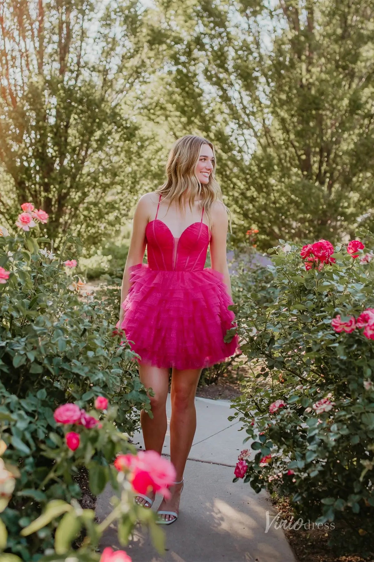 Hot Pink Tiered Tulle Homecoming Dress with Corset Bodice and Crisscross Lace-Up Back – H1102-Homecoming Dresses 2025 -Viniodress-Hot Pink-Custom Size-