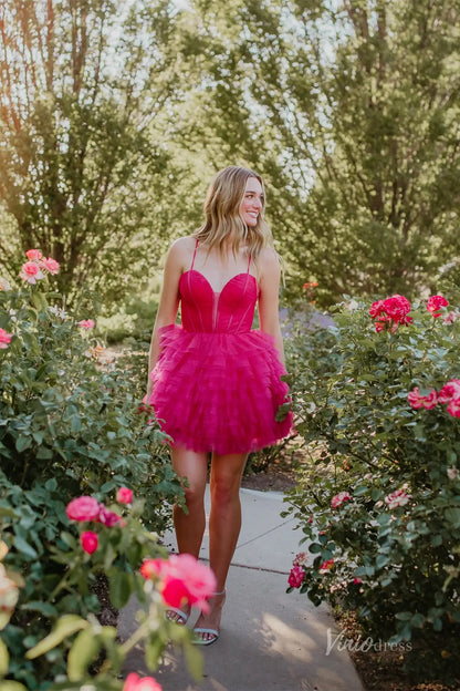 Hot Pink Tiered Tulle Homecoming Dress with Corset Bodice and Crisscross Lace-Up Back – H1102-Homecoming Dresses 2025 -Viniodress-Hot Pink-Custom Size-