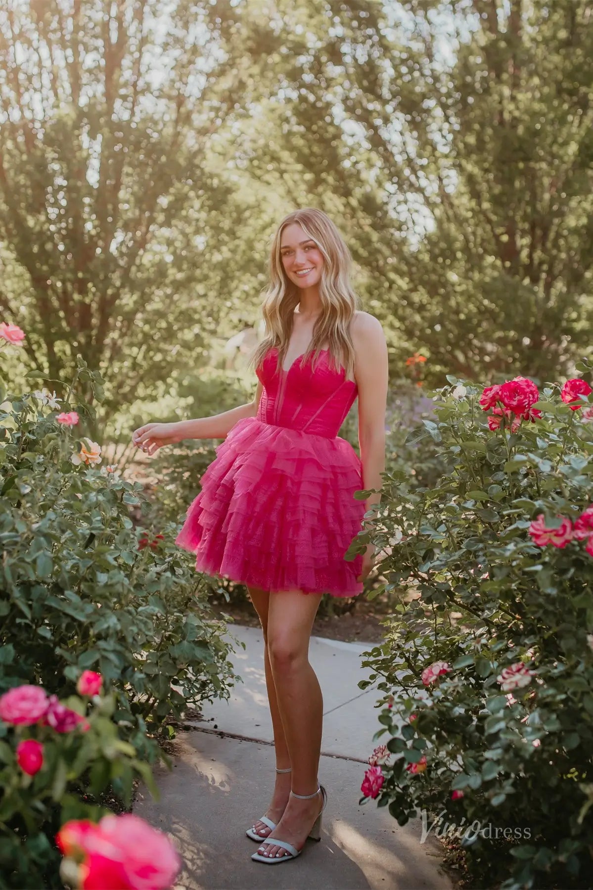 Hot Pink Tiered Tulle Homecoming Dress with Corset Bodice and Crisscross Lace-Up Back – H1102-Homecoming Dresses 2025 -Viniodress-Hot Pink-Custom Size-