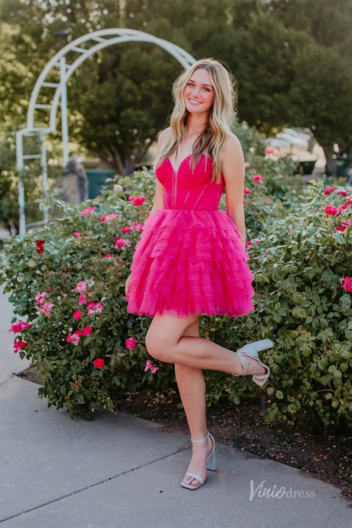 Hot Pink Tiered Tulle Homecoming Dress with Corset Bodice and Crisscross Lace-Up Back – H1102-Homecoming Dresses 2025 -Viniodress-Hot Pink-Custom Size-