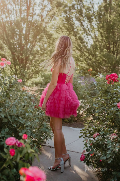 Hot Pink Tiered Tulle Homecoming Dress with Corset Bodice and Crisscross Lace-Up Back – H1102-Homecoming Dresses 2025 -Viniodress-Hot Pink-Custom Size-