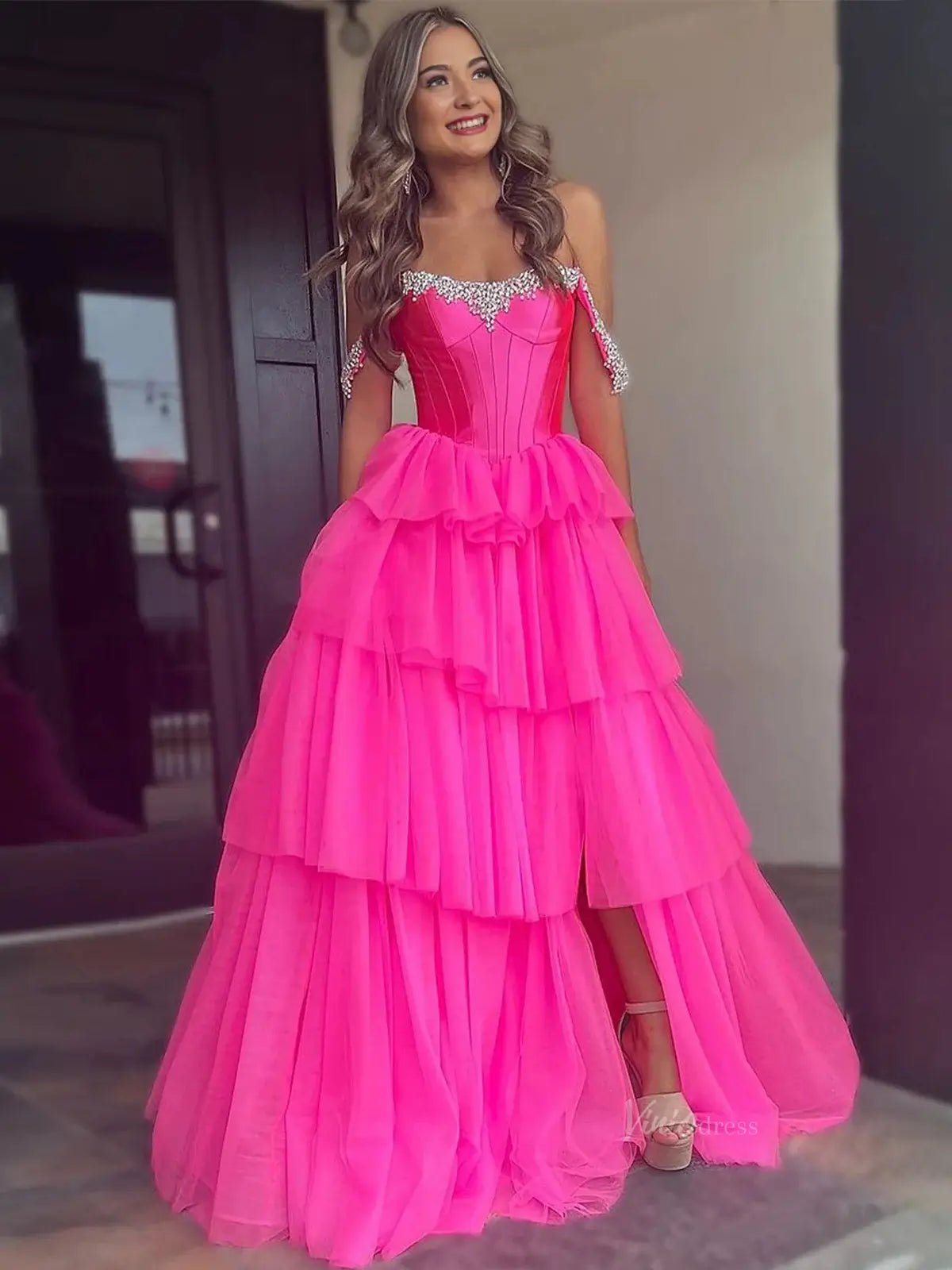 Hot Pink Tiered Tulle Prom Dresses with Slit Off the Shoulder Beaded Neckline Formal Dresses - FD3702-prom dresses 2025 -Viniodress-Hot Pink-Custom Size-