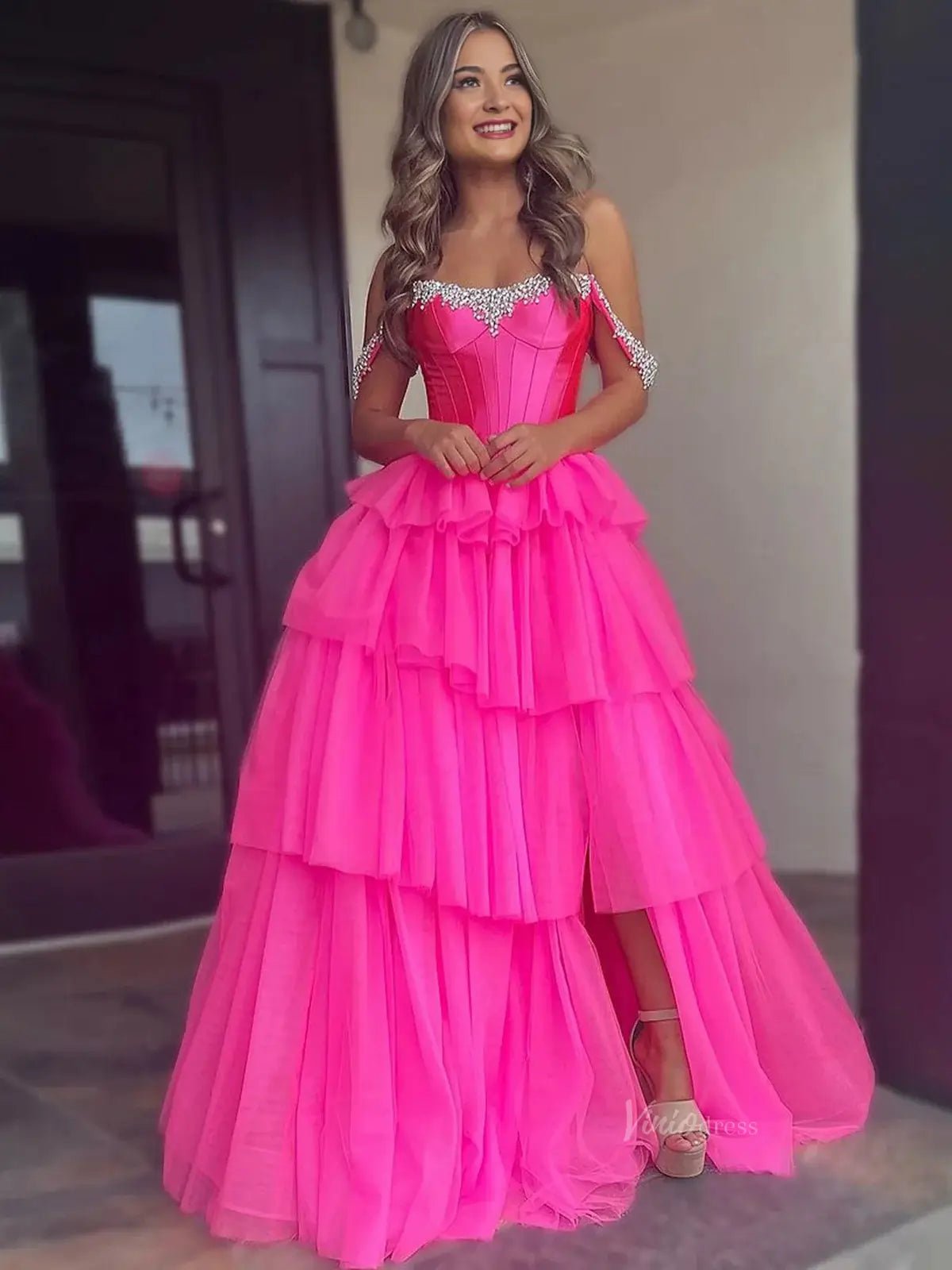 Hot Pink Tiered Tulle Prom Dresses with Slit Off the Shoulder Beaded Neckline Formal Dresses - FD3702-prom dresses 2025 -Viniodress-Hot Pink-Custom Size-