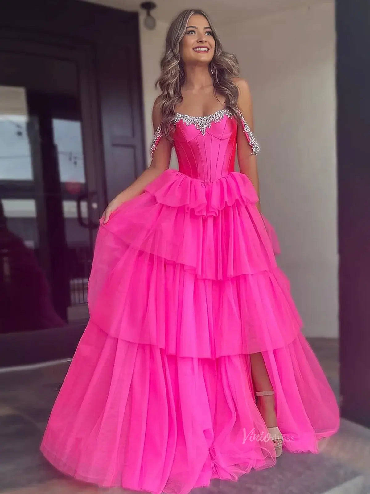 prom dresses 2025 Hot Pink Tiered Tulle Prom Dresses with Slit Off the Shoulder Beaded Neckline Formal Dresses - FD3702-plus size wedding dresses Viniodress-Hot Pink-Custom Size-