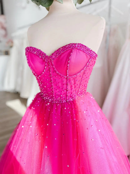 rhinestone dress pink Hot Pink Tulle Prom Dress with Sweetheart Neckline, Pearl & Rhinestone – Viniodress