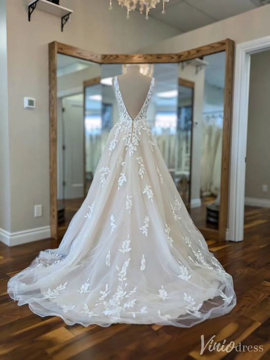 Illusion Leaf Lace A-Line Wedding Dress with Sheer Bodice and V-Back – VW2563-wedding dresses 2025 -Viniodress-Ivory-Custom Size-