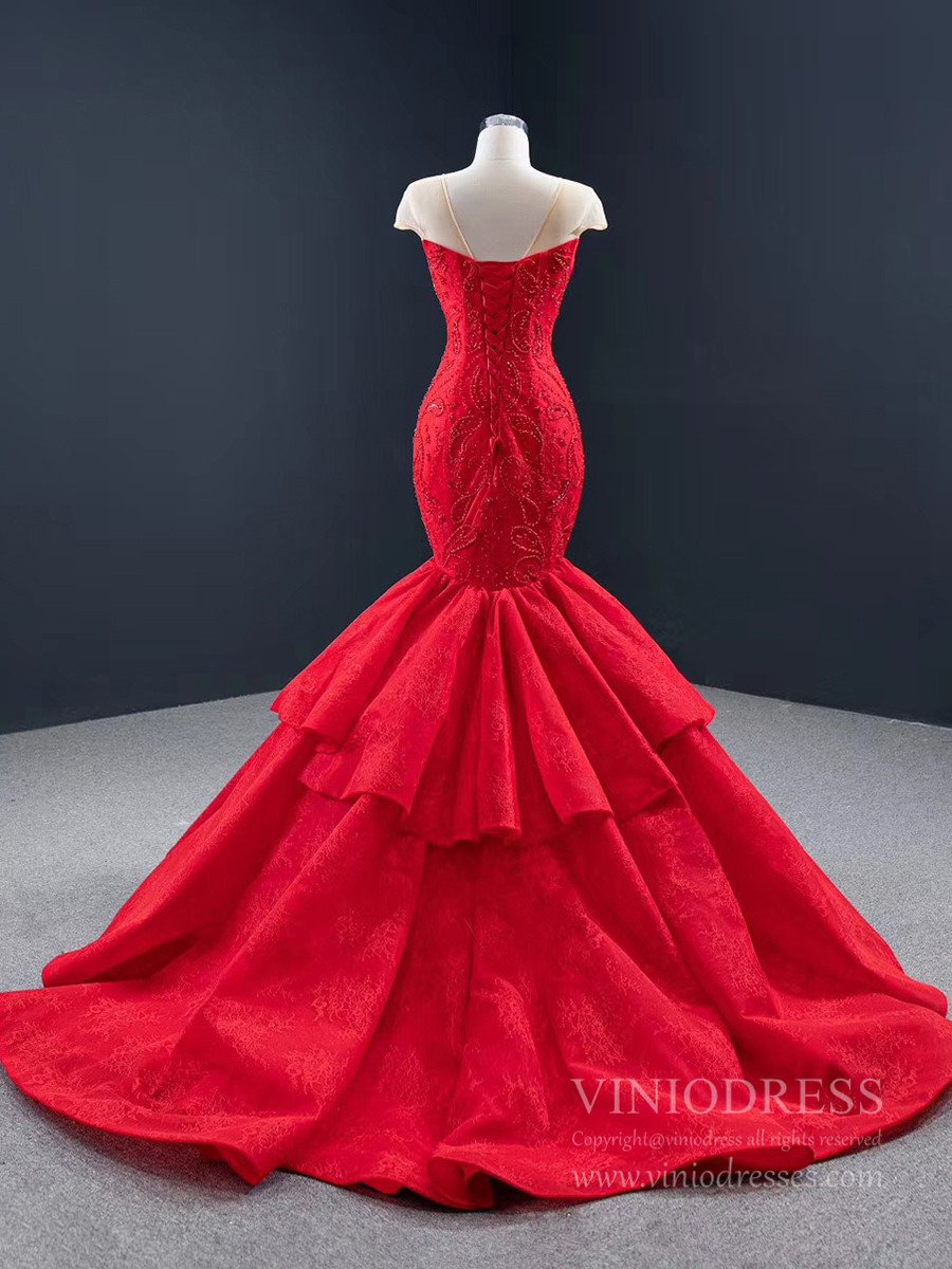 Illusion Shoulder Red Mermaid Wedding Dresses Beaded Prom Dress 67149 viniodress-wedding dresses 2025 -Viniodress-Red-Custom Size-