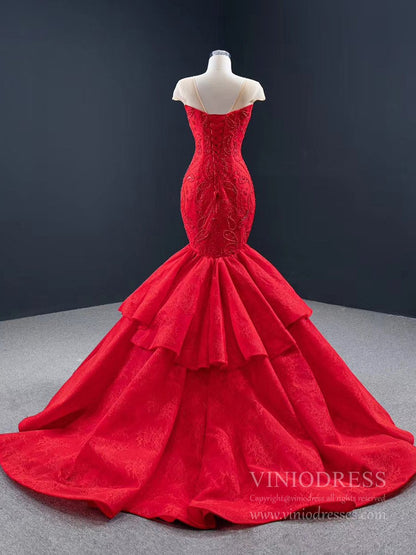 Illusion Shoulder Red Mermaid Wedding Dresses Beaded Prom Dress 67149 viniodress-wedding dresses 2025 -Viniodress-Red-Custom Size-