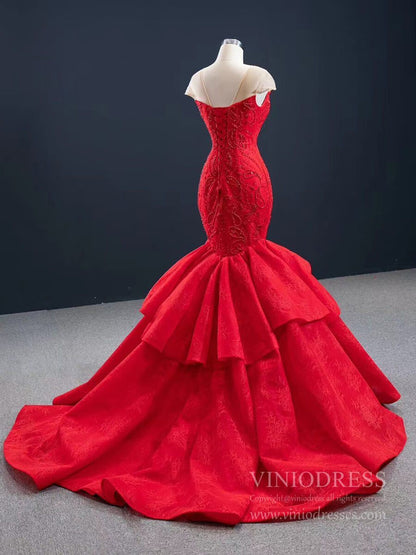 Illusion Shoulder Red Mermaid Wedding Dresses Beaded Prom Dress 67149 viniodress-wedding dresses 2025 -Viniodress-Red-Custom Size-