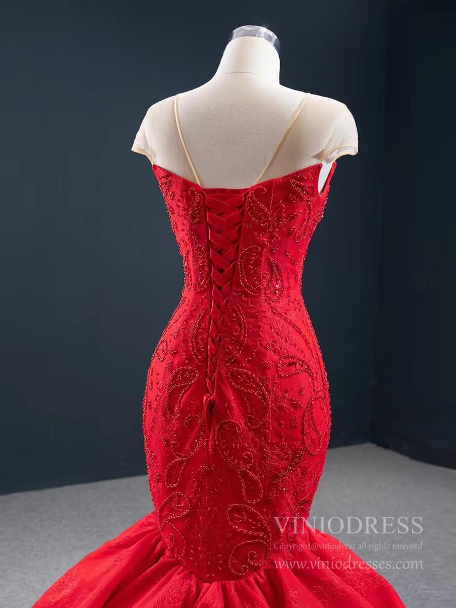 Illusion Shoulder Red Mermaid Wedding Dresses Beaded Prom Dress 67149 viniodress-wedding dresses 2025 -Viniodress-Red-Custom Size-
