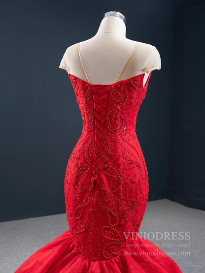 Illusion Shoulder Red Mermaid Wedding Dresses Beaded Prom Dress 67149 viniodress-wedding dresses 2025 -Viniodress-Red-Custom Size-