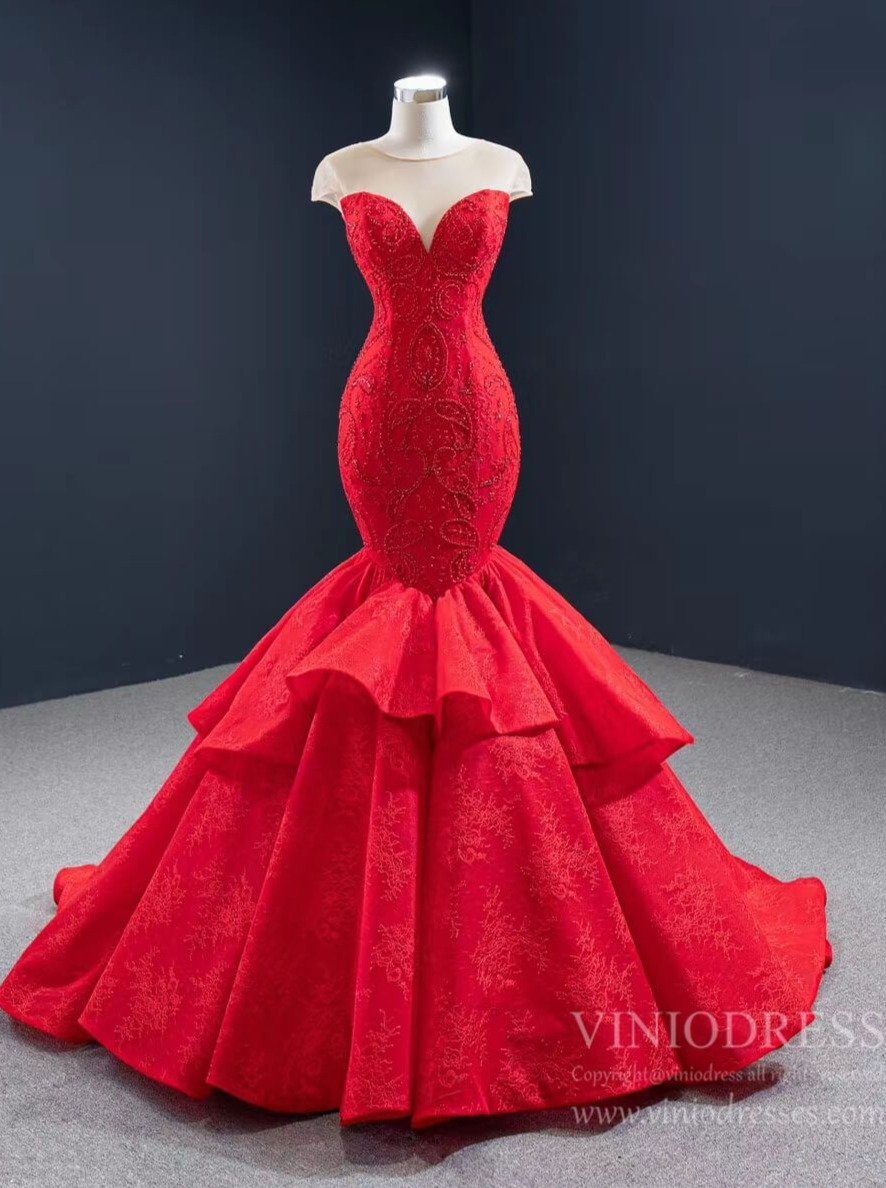 Prom Dress 2025 Illusion Shoulder Red Mermaid Wedding Dresses Beaded Prom Dress 67149 viniodress-unique wedding dresses-Red-Custom Size-Viniodress