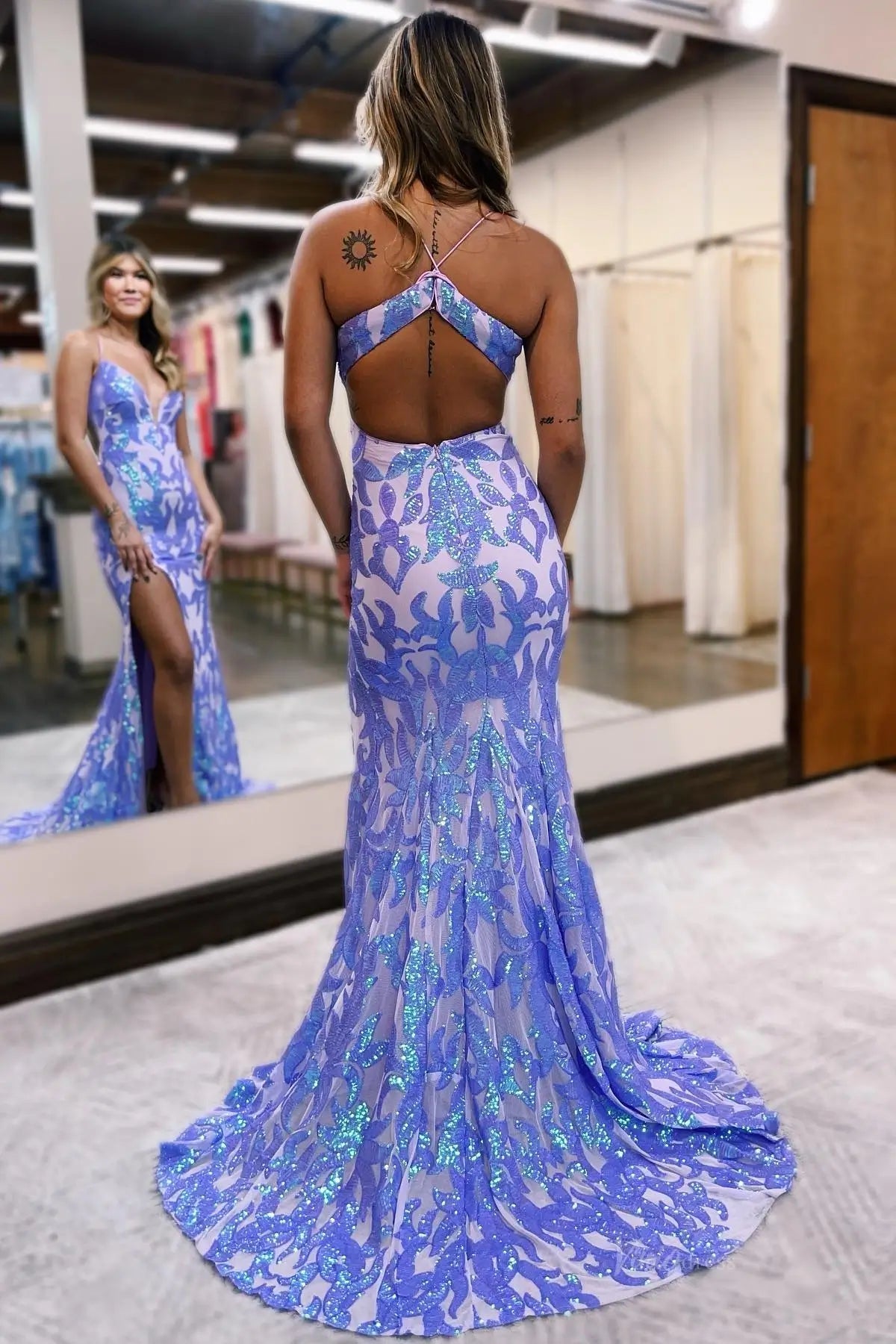 Iridescent Sequin Mermaid Prom Dress with Plunge V Neck & Slit SQ040 Viniodress Iridescent Sequin Mermaid Prom Dress with Plunge V Neck & Slit SQ040 Viniodress