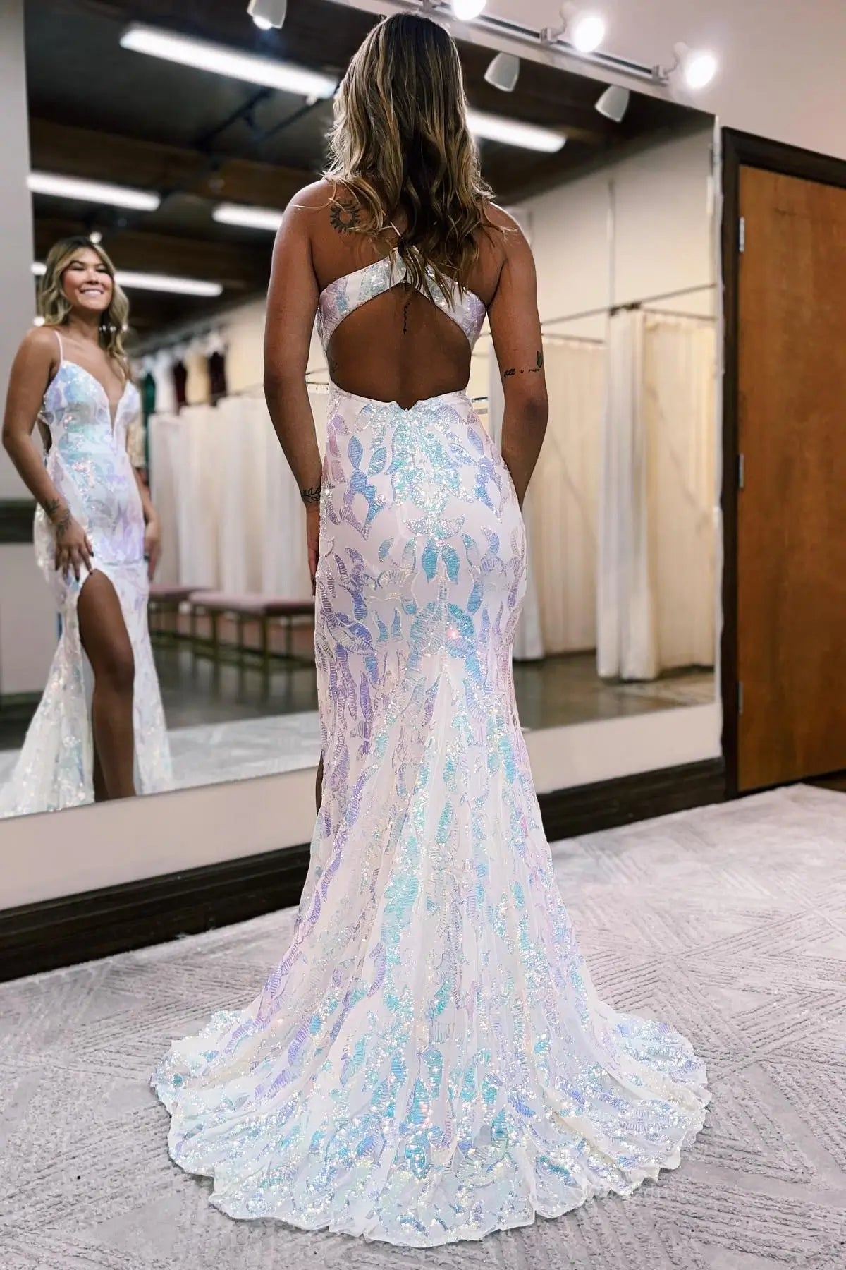 Iridescent Sequin Mermaid Prom Dress with Plunge V Neck & Slit SQ040 Viniodress Iridescent Sequin Mermaid Prom Dress with Plunge V Neck & Slit SQ040 Viniodress