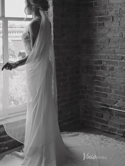 Ivory 3D Floral Appliqué Mermaid Wedding Dress with Deep V Illusion Bodice & Chapel Train – SL002-wedding dresses 2026-Viniodress-Ivory-Custom Size-