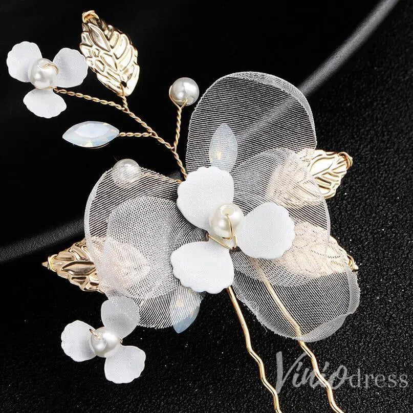 Ivory 3D Floral Hairpins with Crystals and Gold Leaves ACC1159-Headpieces 2025 -Viniodress-Gold/1pcs-