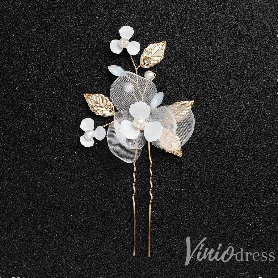 Ivory 3D Floral Hairpins with Crystals and Gold Leaves ACC1159-Headpieces 2025 -Viniodress-Gold/1pcs-