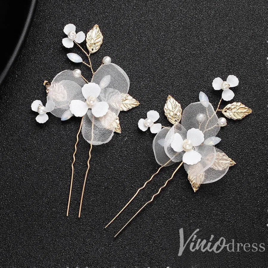 Ivory 3D Floral Hairpins with Crystals and Gold Leaves ACC1159-Headpieces 2025 -Viniodress-Gold/1pcs-