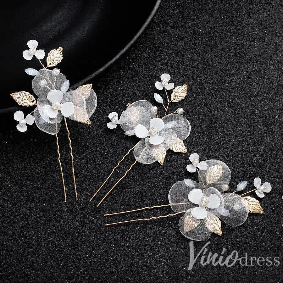 Ivory 3D Floral Hairpins with Crystals and Gold Leaves ACC1159-Headpieces 2025 -Viniodress-Gold/1pcs-