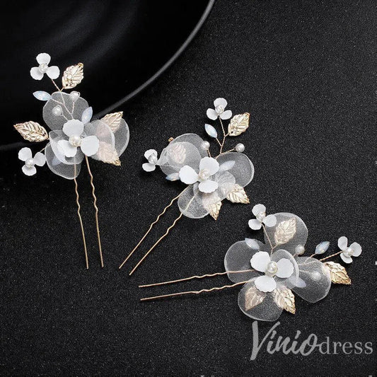 Ivory 3D Floral Hairpins with Crystals and Gold Leaves ACC1159-Headpieces 2025 -Viniodress-Gold/1pcs-