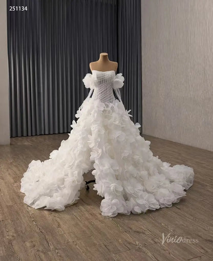 Ivory 3D Floral Wedding Dress with Pearl Corset, Removable Off-Shoulder Sleeves & Sculptural Flower Skirt – 251134-wedding dresses 2026-Viniodress-Ivory-Custom Size – Add Measurements in Cart-