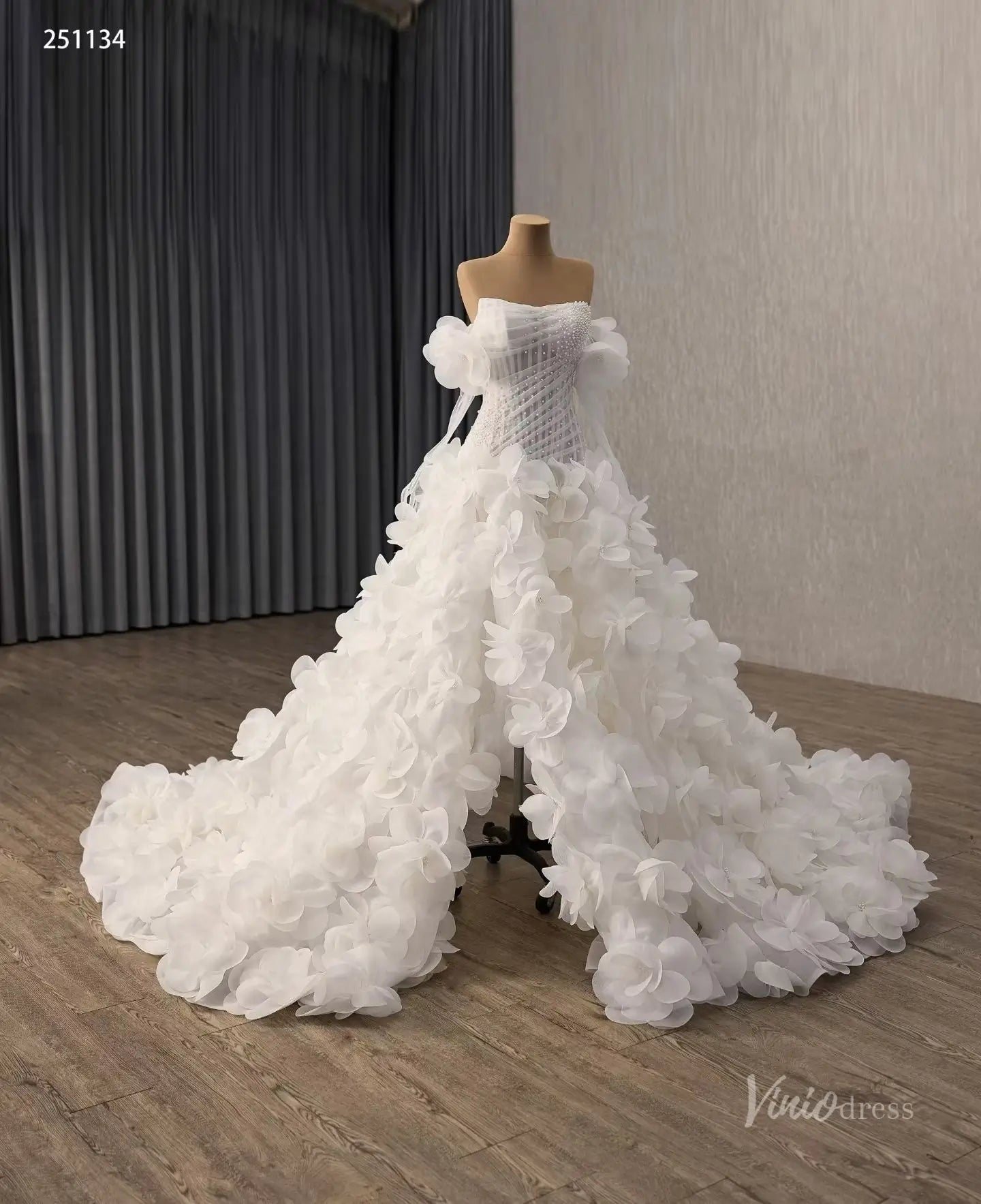 Ivory 3D Floral Wedding Dress with Pearl Corset, Removable Off-Shoulder Sleeves & Sculptural Flower Skirt – 251134-wedding dresses 2026-Viniodress-Ivory-Custom Size – Add Measurements in Cart-