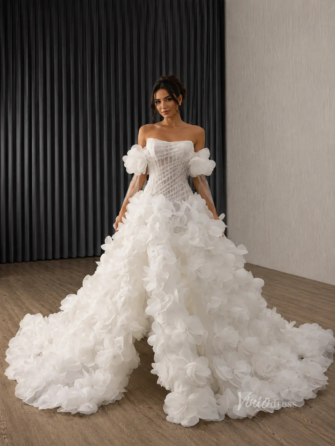 Ivory 3D Floral Wedding Dress with Pearl Corset, Removable Off-Shoulder Sleeves & Sculptural Flower Skirt – 251134-wedding dresses 2026-Viniodress-Ivory-Custom Size – Add Measurements in Cart-