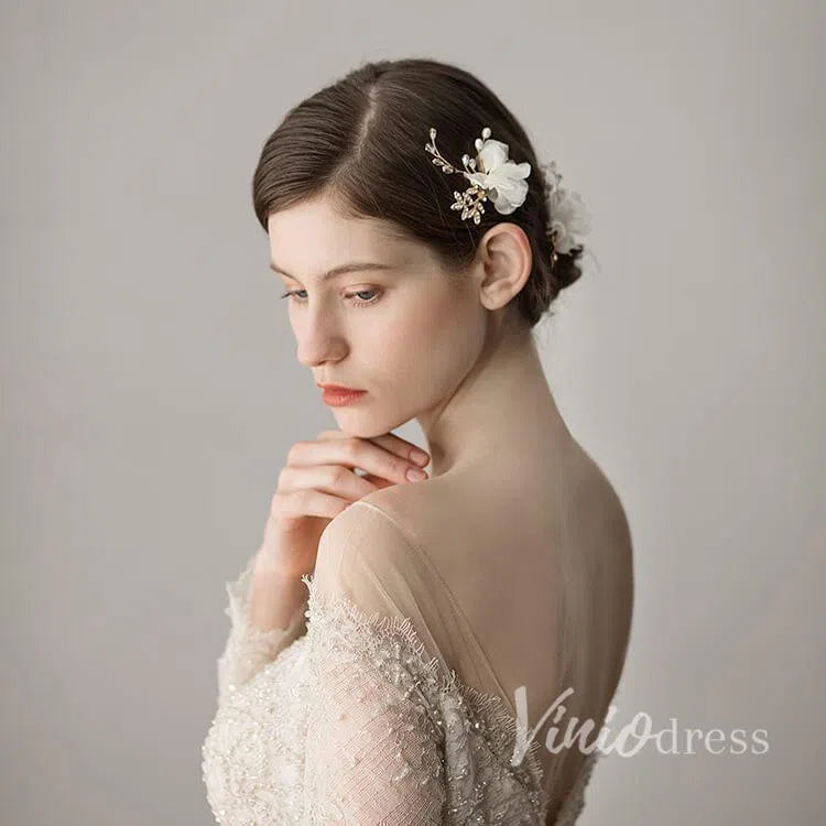 Ivory 3D Flower Gold Hairpin Pink Hairpins AC1211-Headpieces 2025 -Viniodress-Ivory-