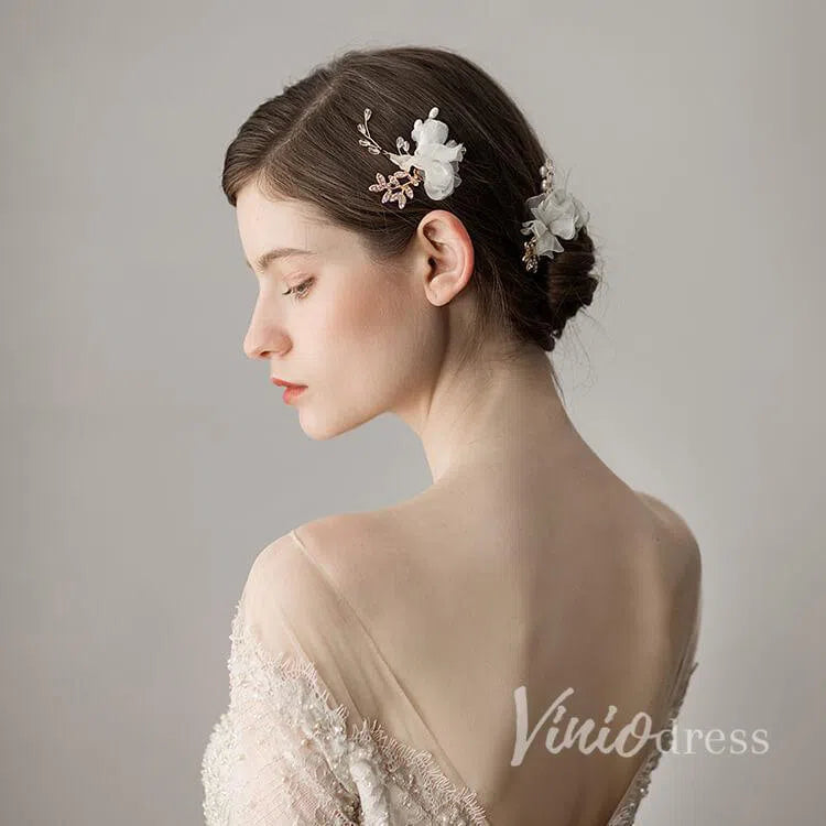 Ivory 3D Flower Gold Hairpin Pink Hairpins AC1211-Headpieces-Viniodress-Viniodress