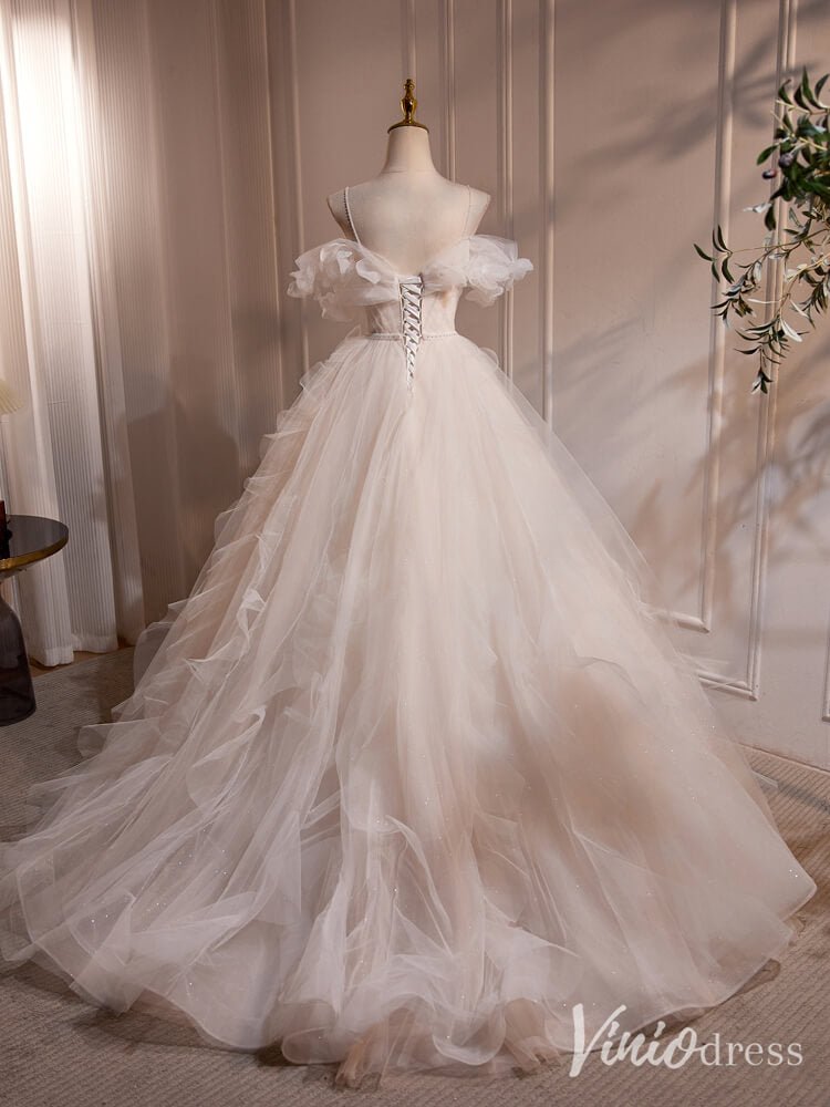 Ivory 3D Flower Off the Shoulder Tulle Prom Dresses Spaghetti Strap Formal Gown BJ030-prom dresses 2025 -Viniodress-Ivory-Custom Size-