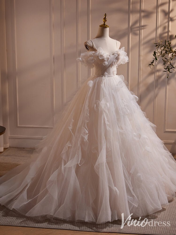 Ivory 3D Flower Off the Shoulder Tulle Prom Dresses Spaghetti Strap Formal Gown BJ030-prom dresses 2025 -Viniodress-Ivory-Custom Size-