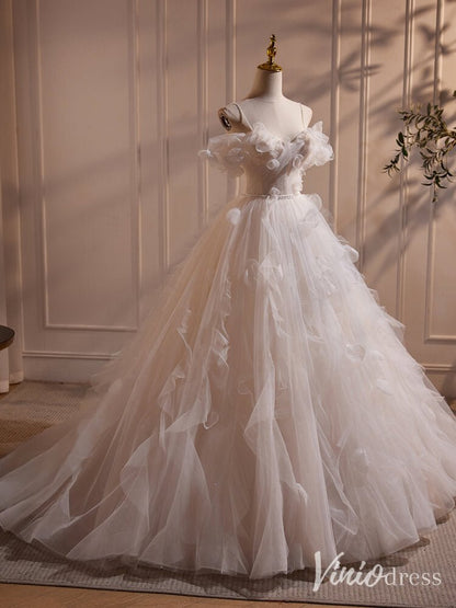 Ivory 3D Flower Off the Shoulder Tulle Prom Dresses Spaghetti Strap Formal Gown BJ030-prom dresses 2025 -Viniodress-Ivory-Custom Size-