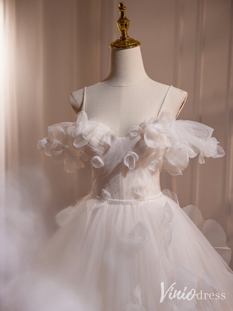 Ivory 3D Flower Off the Shoulder Tulle Prom Dresses Spaghetti Strap Formal Gown BJ030-prom dresses 2025 -Viniodress-Ivory-Custom Size-