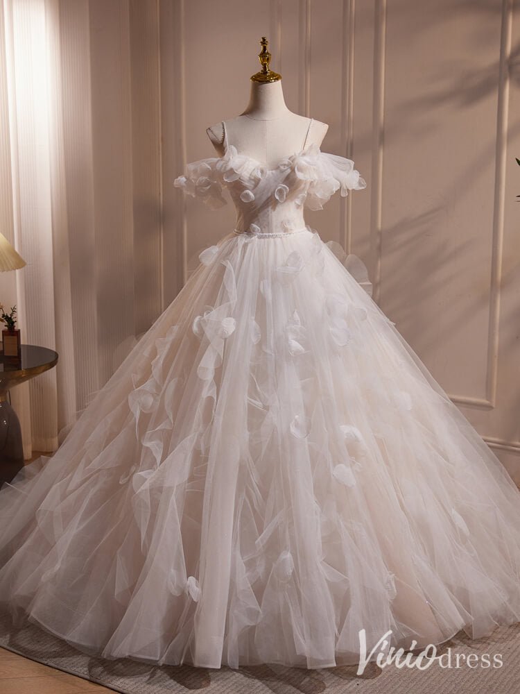 Ivory 3D Flower Off the Shoulder Tulle Prom Dresses Spaghetti Strap Formal Gown BJ030-prom dresses 2025 -Viniodress-Ivory-Custom Size-