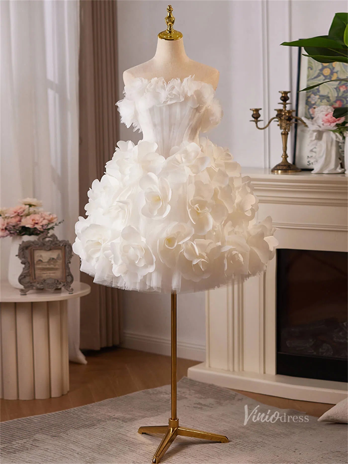 Ivory 3D Flower Rosette Homecoming Dresses Strapless Ruffled Short Pro Viniodress Ivory 3D Flower Rosette Homecoming Dresses Strapless Ruffled Short Pro Viniodress