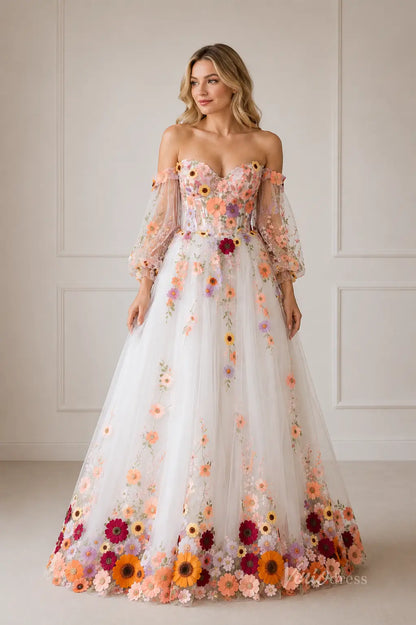 Ivory 3D Wildflower A-Line Wedding Dress with Sweetheart Neckline & Long Sheer Puff Sleeves - FW280-wedding dresses 2026-Viniodress-Ivory-No Slit-Custom Size – Add Measurements in Cart